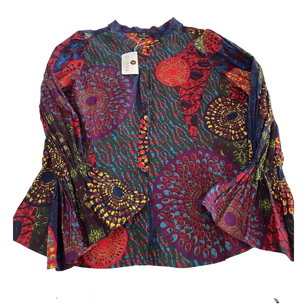 D'IYANU Dress Bold Blouse Geometric Africian Vibrant Colors Ladies 2X NWT